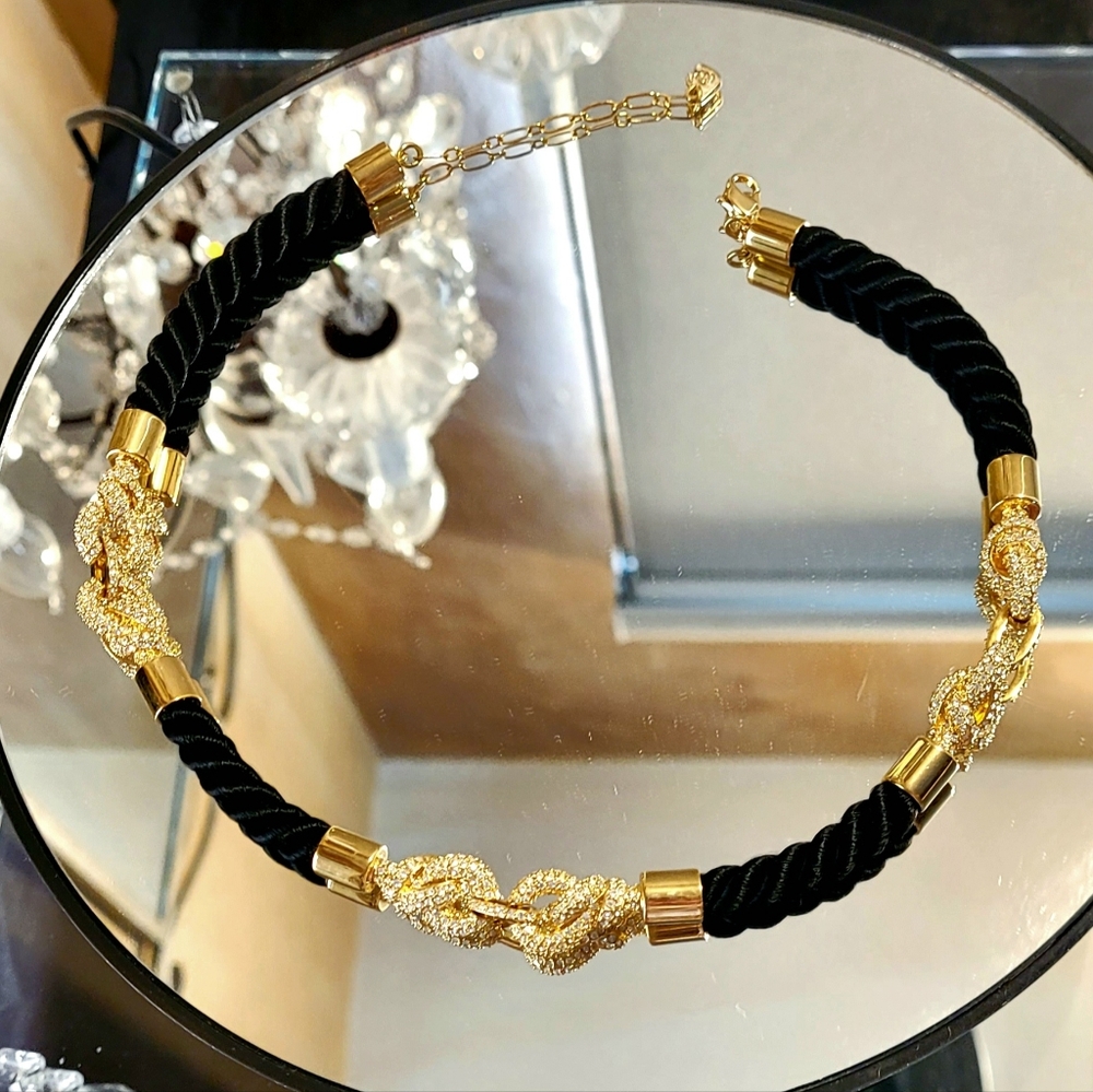 Swarovski Signed Pave Crystal Chain Link Black Silk Rope Cord Collar Necklace